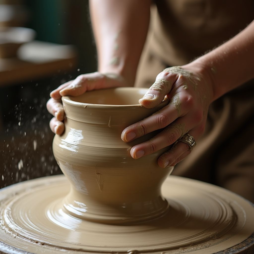 Manos de un alfarero dando forma a una vasija de barro en un torno.