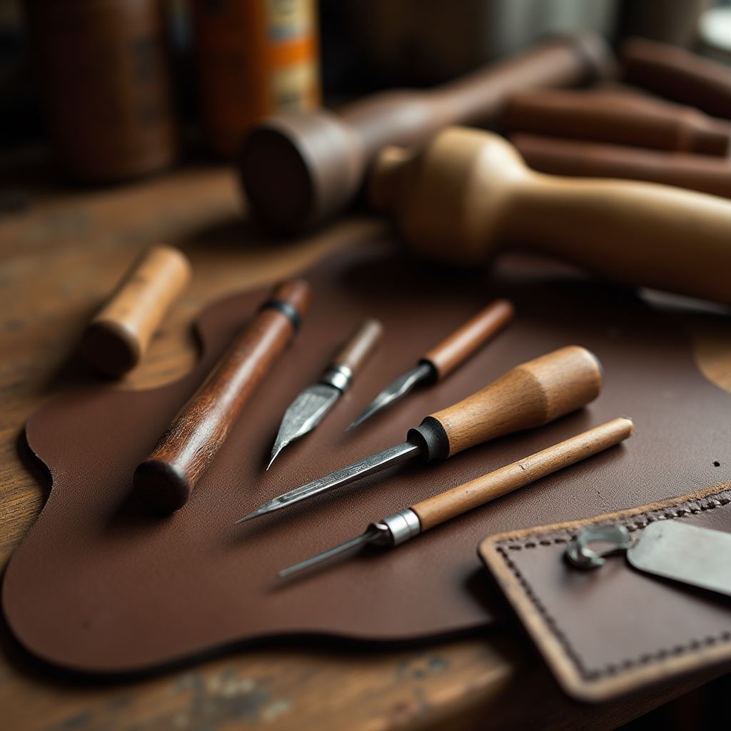 Herramientas de marroquinería sobre una pieza de cuero.